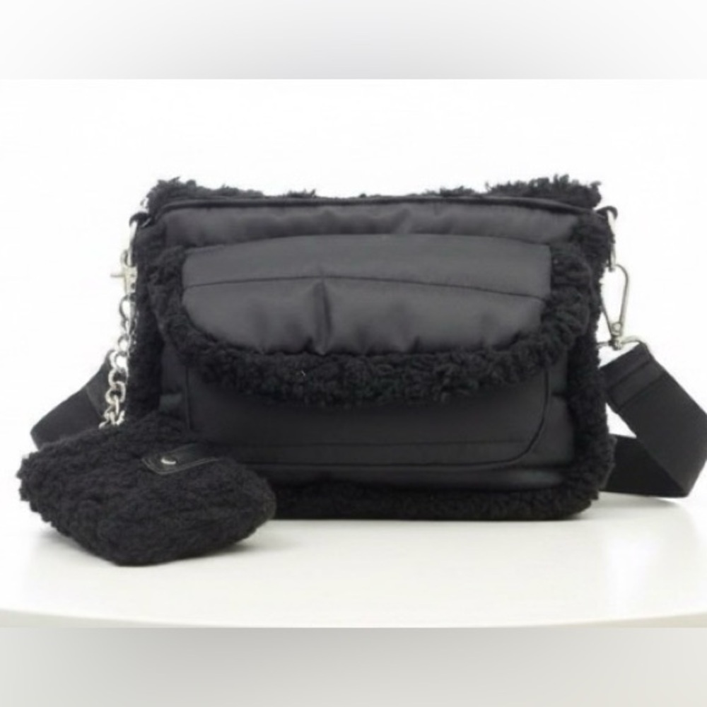 Aspen Quilted Nylon Black Faux Shearling Sherpa Crossbody Bag with Pouch Wallet